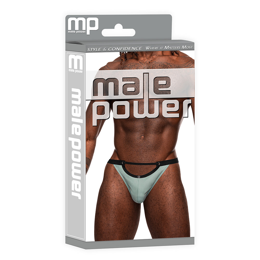 Male Power Magnificence Jock Strap Jade L XL packaging featuring a model showcasing bold underwear style and confident support.