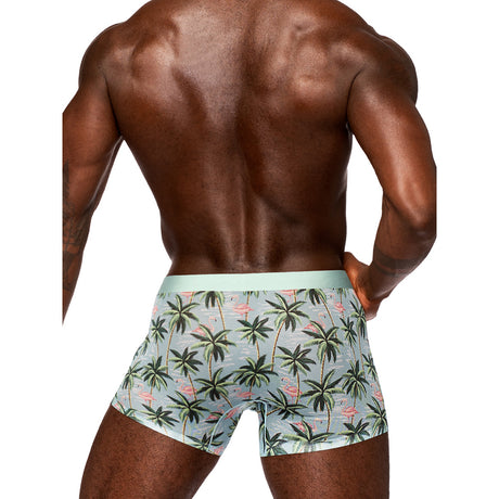 Male Power Sheer Prints Seamless Sheer Short Flamingo Medium on a model showcasing the back view with palm print design.