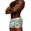 Male Power Sheer Prints Seamless Sheer Short Flamingo Medium worn by a model showcasing the tropical palm print design.