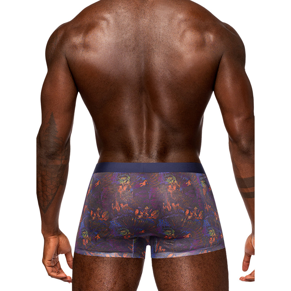 Back view of a man wearing Sheer Prints Seamless Sheer Short Splatter Medium men's underwear with vibrant splatter print.