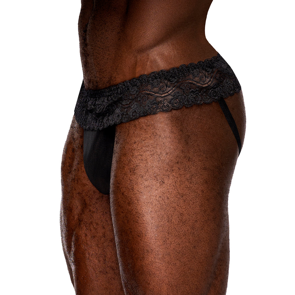 Male Power Sassy Lace Skirt Jock Black S M showcasing lace ruffled skirted waistband and sheer stretch mesh pouch.
