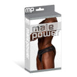 Male Power Sassy Lace Skirt Jock Black S M packaging showcasing a model side profile with a ruffled lace waistband.