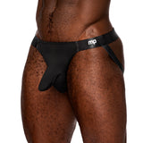 Male Power Easy Breezy Jock Sleeve Black S M showcasing a low cut waist and sleeved pouch.