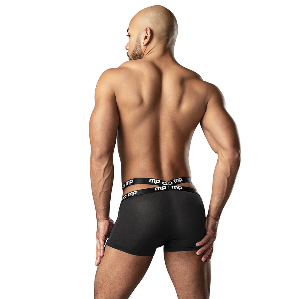 Infinite Comfort Amplifying Strappy Pouch Short Black Large worn by model from the back, showcasing sleek design and fit.
