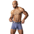 Infinite Comfort Amplifying Strappy Pouch Short Periwinkle modeled by a man showcasing body-moulding fabric and supportive design.