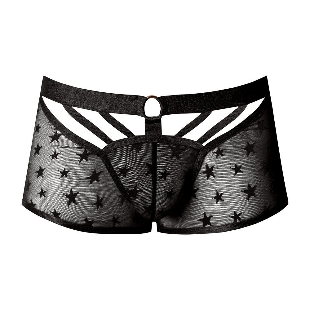 Male Power Love Star Short With Ring Black Small featuring mesh fabric and star pattern, designed for bold intimate style.