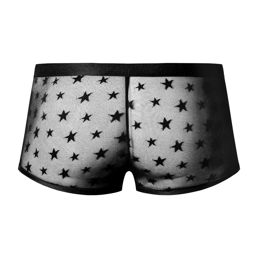 Male Power Love Star Short With Ring Black Small showcasing a back view with star pattern design.