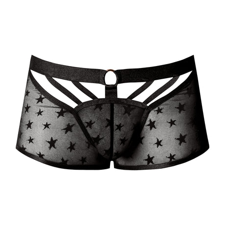 Male Power Love Star Short with Ring Black Medium featuring sheer fabric and decorative straps for a bold, provocative look.
