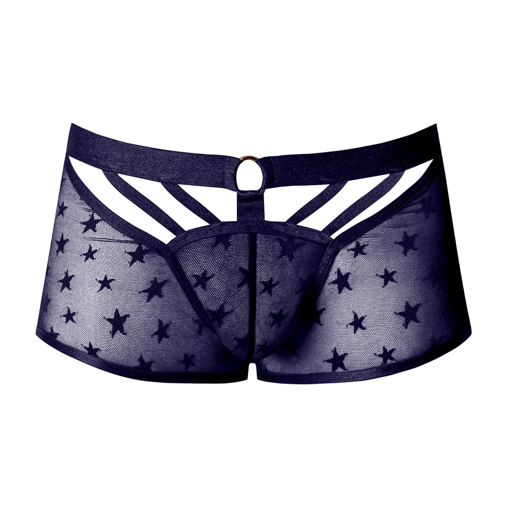 Male Power Love Star Short with Ring Purple Large featuring sheer fabric and star pattern, highlighted by decorative straps.