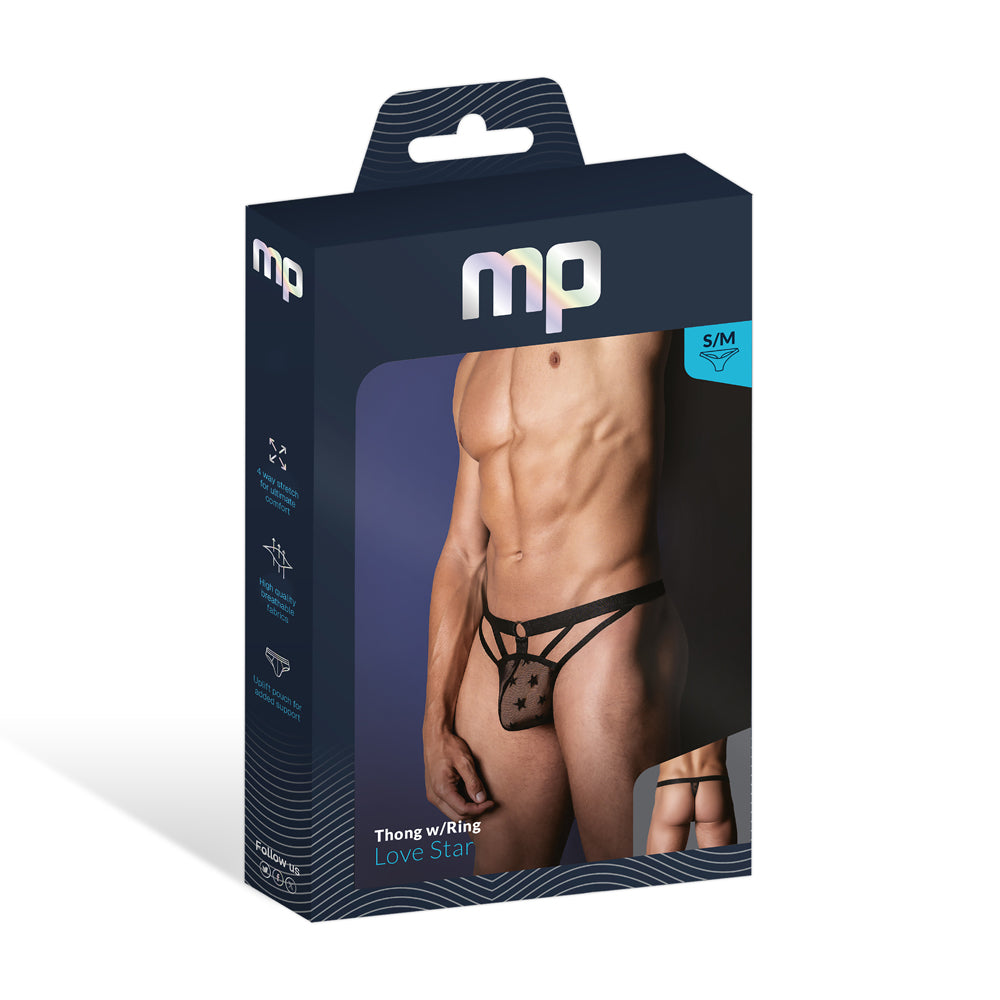 Male Power Love Star Thong with Ring Black L XL packaging showcasing a bold design for confident wearers.