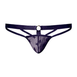 Male Power Love Star Thong with Ring Purple L/XL featuring a polished metal ring and sheer fabric with star pattern.