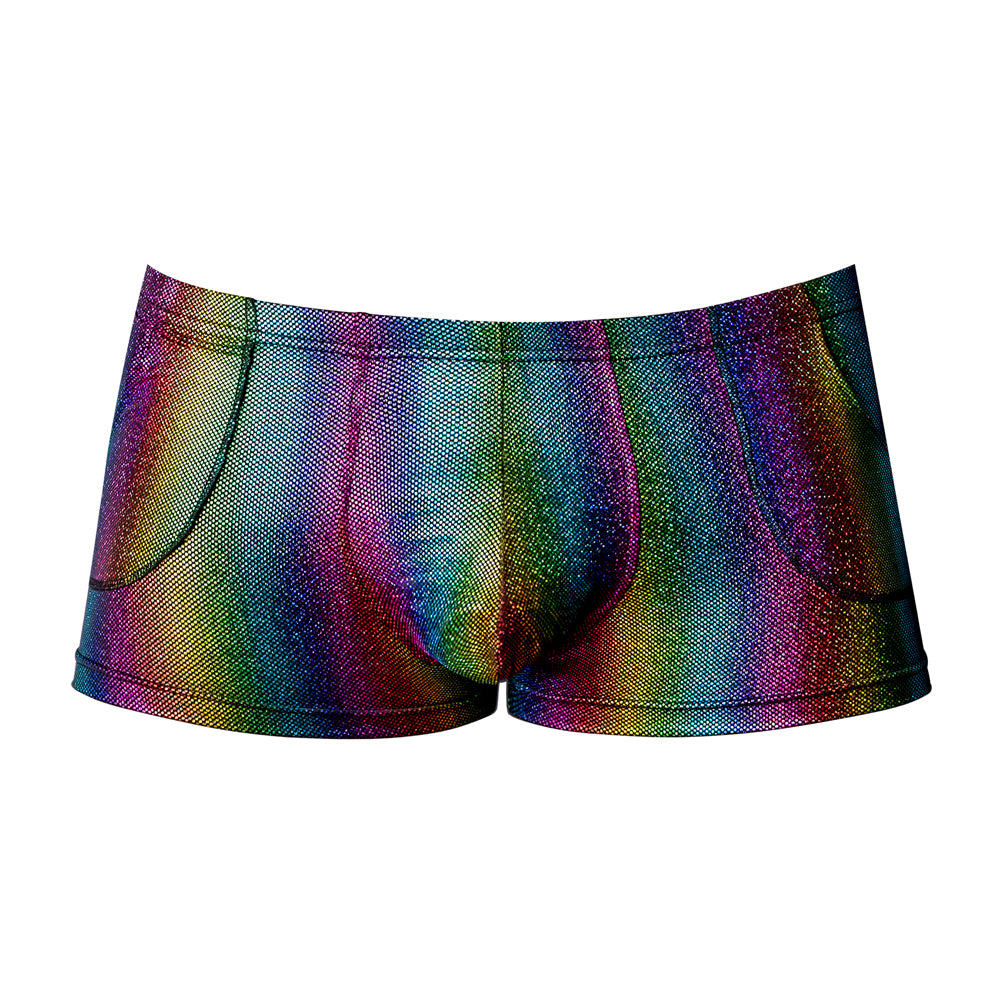 Male Power Pack & Play Pocket Short Rainbow Small showcasing vibrant rainbow colors and front hip pockets.