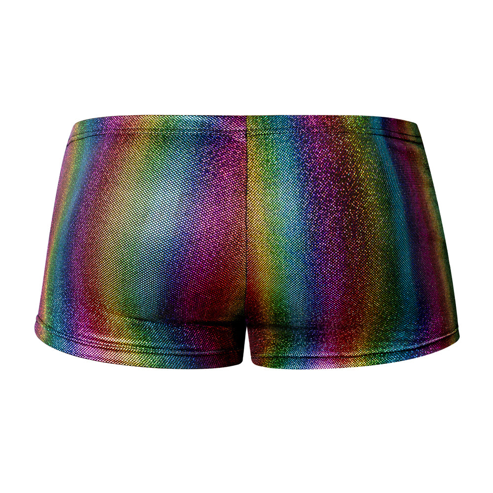 Male Power Pack & Play Pocket Short Rainbow Small showcasing a vibrant rainbow design from the back.