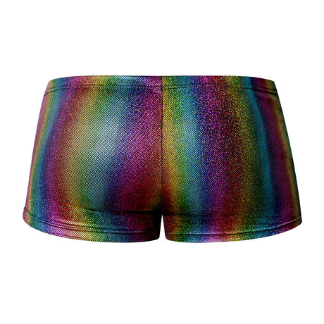 Male Power Pack & Play Pocket Short Rainbow Small showcasing a vibrant rainbow design from the back.