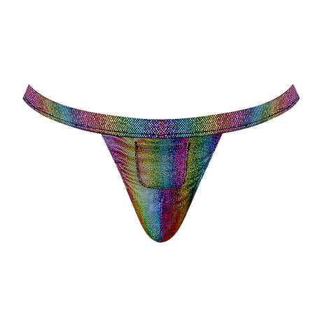 Male Power Pack & Play Jock Condom Pouch Rainbow S M in bold rainbow colors for confident style and comfort.