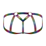 Male Power Pack & Play Jock Condom Pouch Rainbow S M colorful jock strap with rings and mesh design.