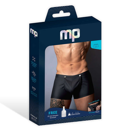 Male Power Oh Snap Snap Off Short Black Medium packaging showcasing tearaway pouch design and modern fit.
