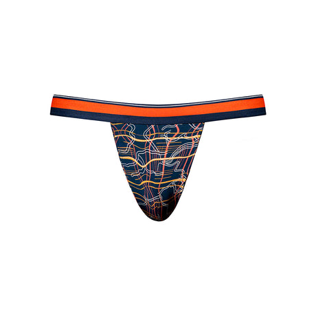 Male Power Soo Cumfy Thong Navy Orange L XL featuring a stylish thong design and plush elastic waistband.