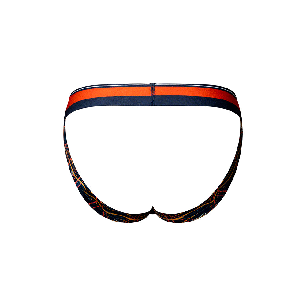 Male Power Soo Cumfy Thong Navy Orange L XL - Back view showing waistband and design.