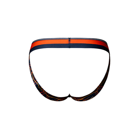 Male Power Soo Cumfy Thong Navy Orange L XL - Back view showing waistband and design.