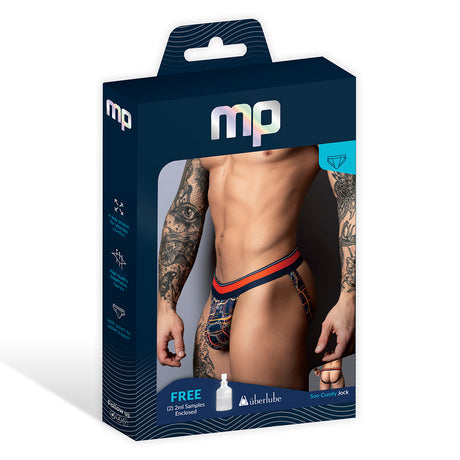 Male Power Soo Cumfy Thong Navy Orange L XL packaging featuring model with tattoos and bold design.