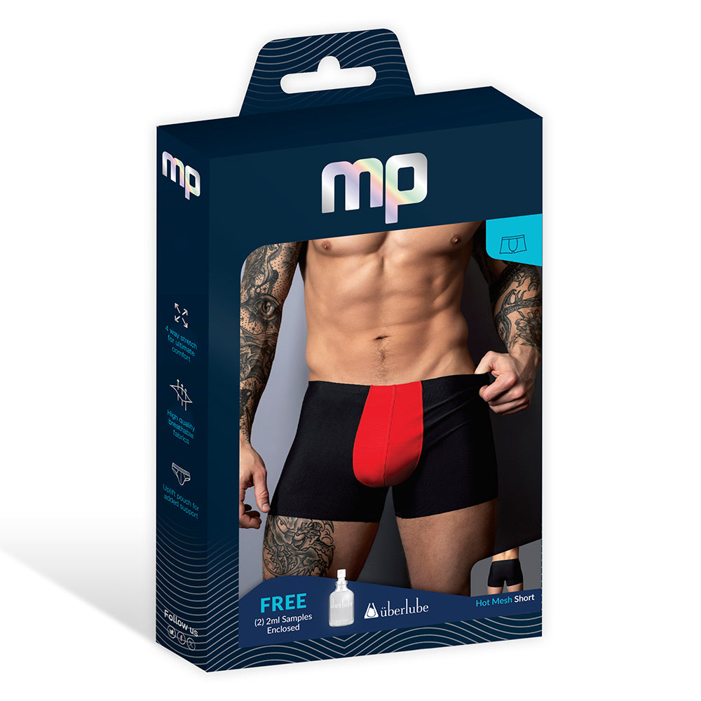 Male Power Hot Mesh Pouch Short Black Red XL packaging showcasing breathable mesh design.