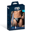 Male Power Liquid Onyx 2.0 Bong Thong Black S/M packaging with model wearing thong and complimentary samples.