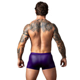 Male Power Eggplant Crossover Short Plum Small, fitted shorts on muscular man showcasing tattooed back