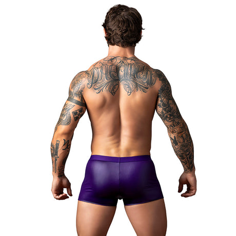 Male Power Eggplant Crossover Short Plum Small, fitted shorts on muscular man showcasing tattooed back