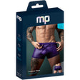 Male Power Eggplant Crossover Short Plum Small packaging with a model showcasing the stylish design and fit.