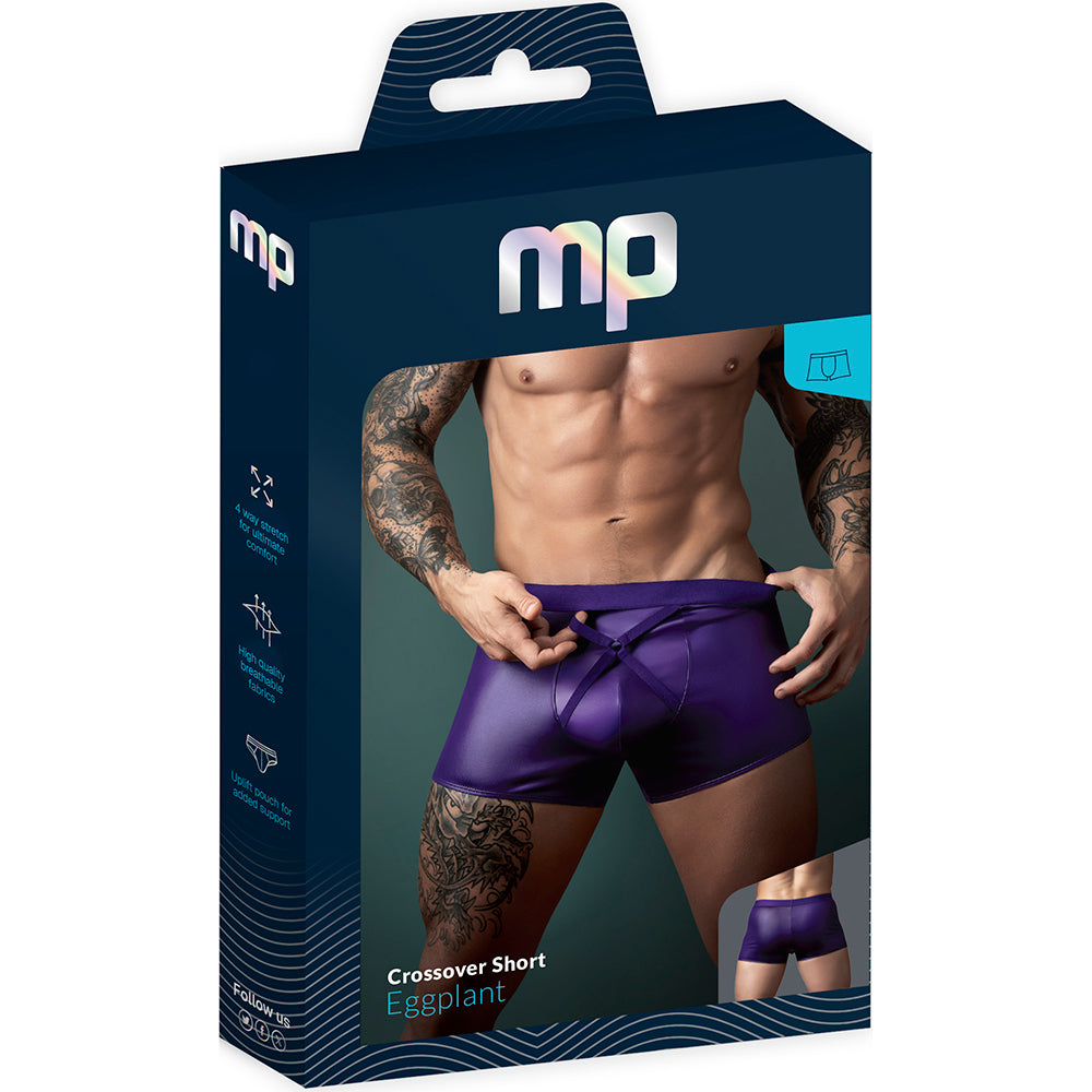 Male Power Eggplant Crossover Short Plum Small packaging with a model showcasing the stylish design and fit.