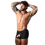 Male Power Open Ended Moon Short Black S/M model showcasing bold style and revealing design.