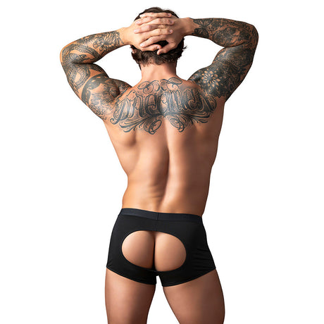 Male Power Open Ended Moon Short Black S/M showcased on a model with tattoos, highlighting the unique open-ended design.