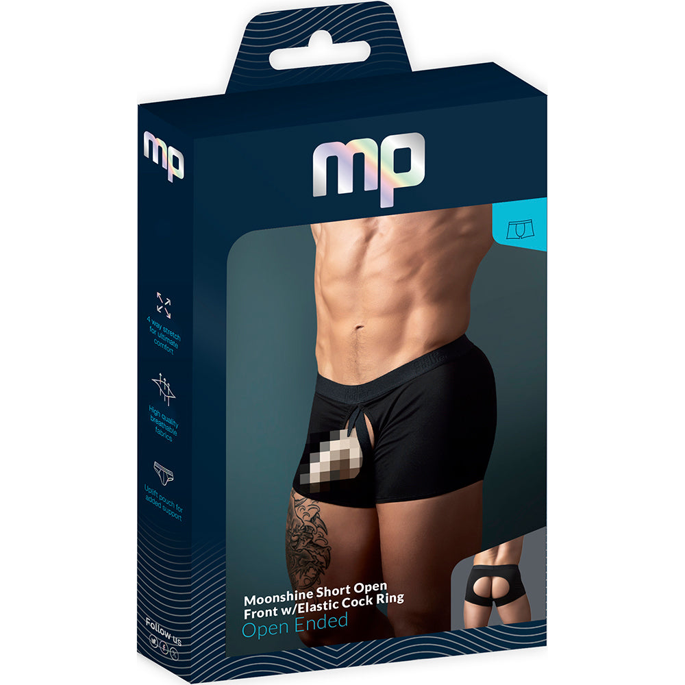 Male Power Open Ended Moon Short Black S/M packaging showcasing stylish open front design with elastic cock ring.