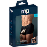 Male Power Open Ended Moon Short Black S/M packaging showcasing stylish open front design with elastic cock ring.