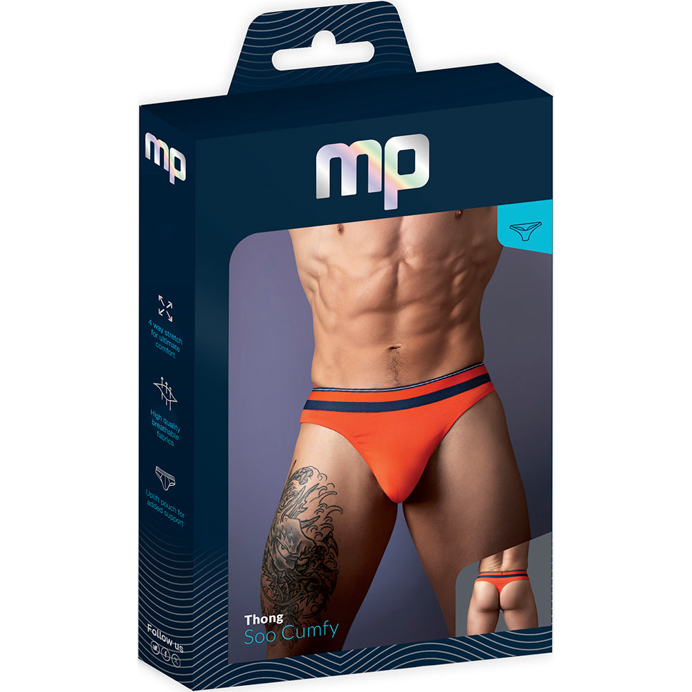 Male Power Soo Cumfy Thong Orange Small Medium packaging displayed with a model wearing the thong.