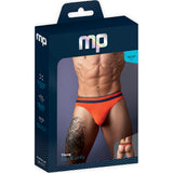 Male Power Soo Cumfy Thong Orange Small Medium packaging displayed with a model wearing the thong.
