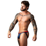 Male Power Soo Cumfy Jock Navy S M shown on a muscular man with tattoos, highlighting the plush waistband and contour pouch.