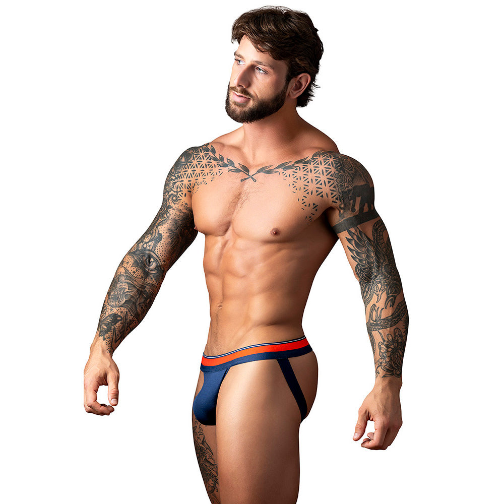 Model showcasing Male Power Soo Cumfy Jock Navy L XL with plush elastic waistband and contoured pouch.