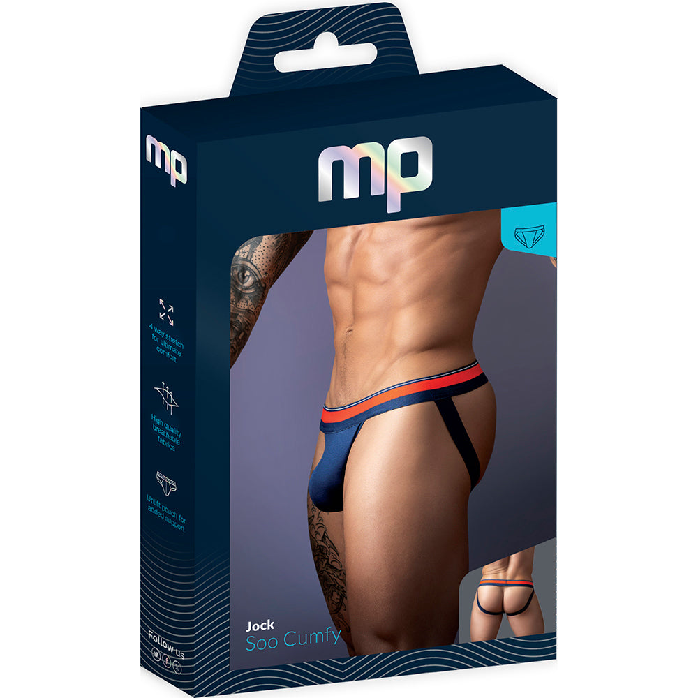 Male Power Soo Cumfy Jock Navy L XL packaging showcasing stylish design and comfort features.