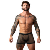 Male Power Fishnet 2.0 Pouch Short Black Large model showcasing comfort fit and bold fishnet design.
