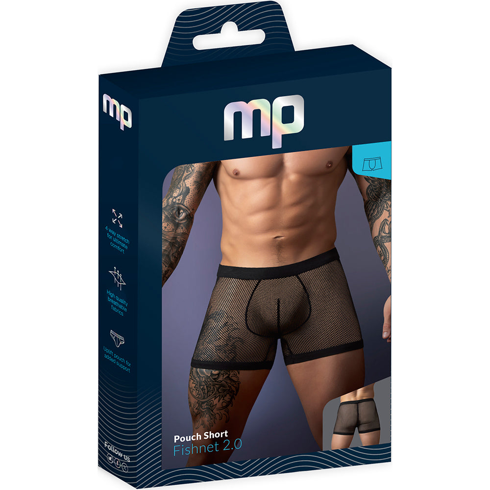 Male Power Fishnet 2.0 Pouch Short Black Large packaging displayed with bold fishnet design and comfort fit features.