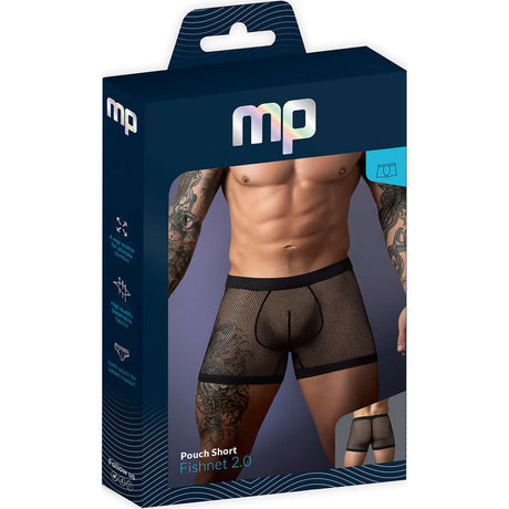 Male Power Fishnet 2.0 Pouch Short Black Large packaging displayed with bold fishnet design and comfort fit features.