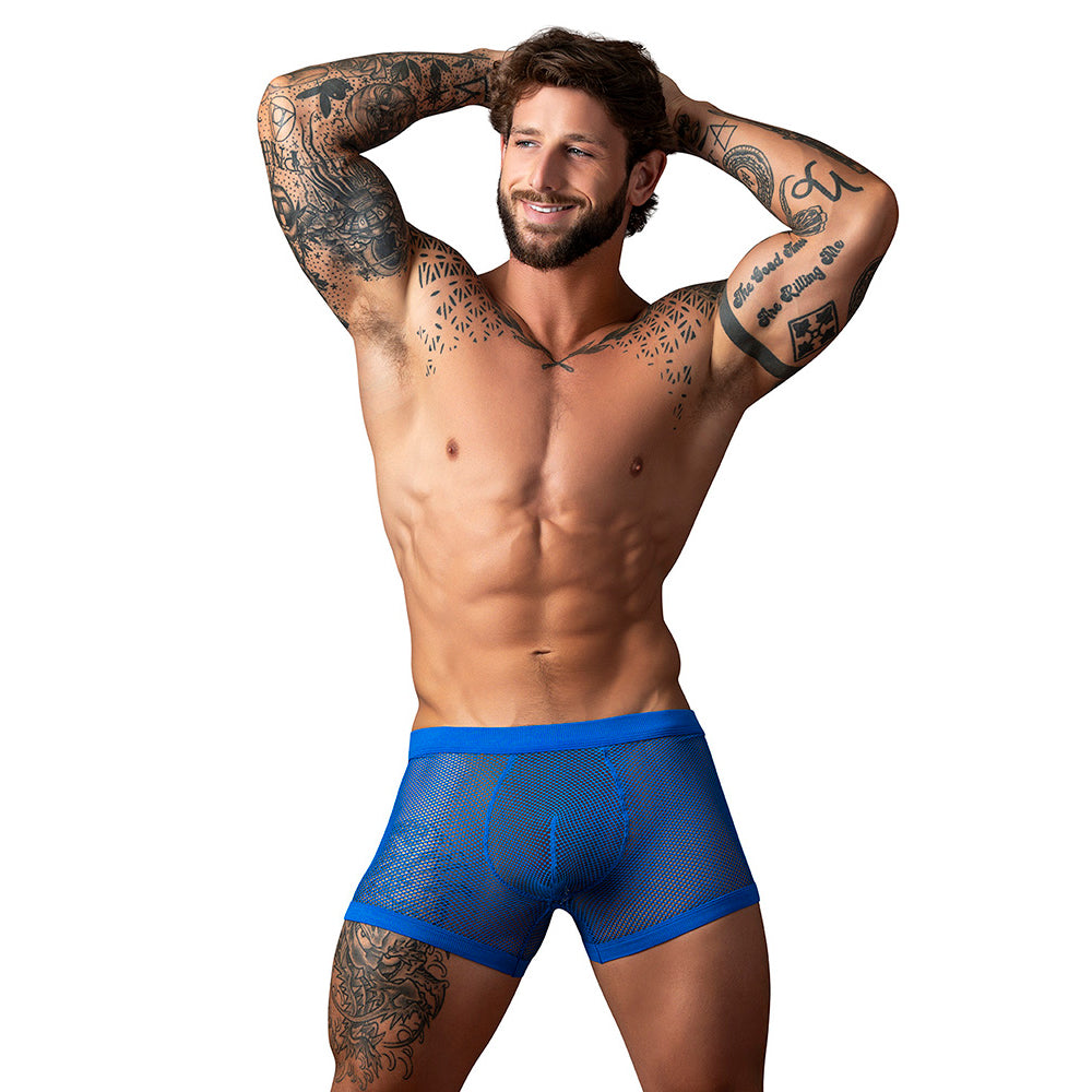 Male Power Fishnet 2.0 Pouch Short Royal Large modeled by a muscular man in blue fishnet shorts.