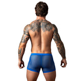Male Power Fishnet 2.0 Pouch Short Royal Large on a muscular model showcasing the open knit design.