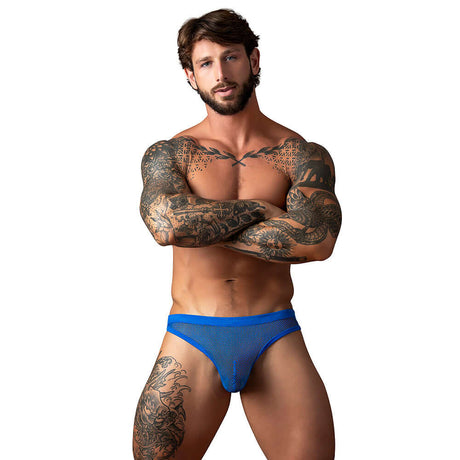 Male Power Fishnet 2.0 Bong Thong Royal L XL on a muscular model showcasing a bold and stylish look.