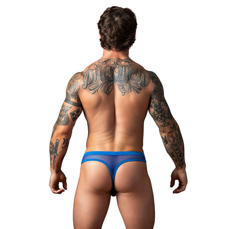 Male Power Fishnet 2.0 Bong Thong Royal L XL on a model showcasing back view with tattoos.