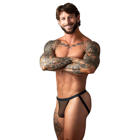 Male Power Fishnet 2.0 Jock Black S M worn by a muscular man with tattoos, showcasing a stylish and breathable design.