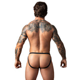 Male Power Fishnet 2.0 Jock Black S M displayed on a male model showing the back view with tattoos.