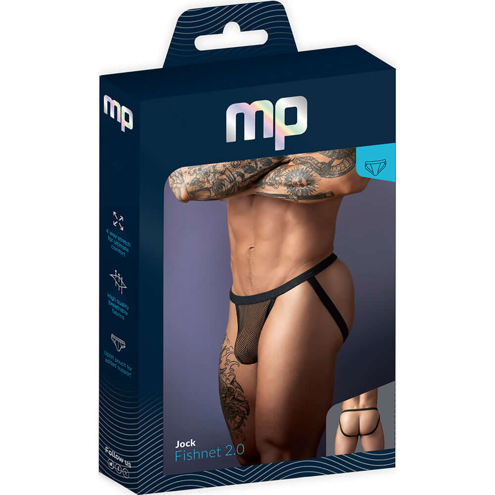Male Power Fishnet 2.0 Jock Black S M packaging display featuring a male model wearing the jockstrap.